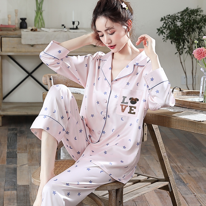 新款睡衣女春秋季冰丝长袖两件套开衫大码春季薄款仿真丝绸家居服