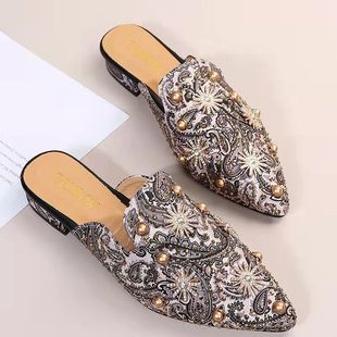刺繡花尖頭水鉆包頭半拖鞋 女外穿 夏高跟級感潮流爆款 2025新款