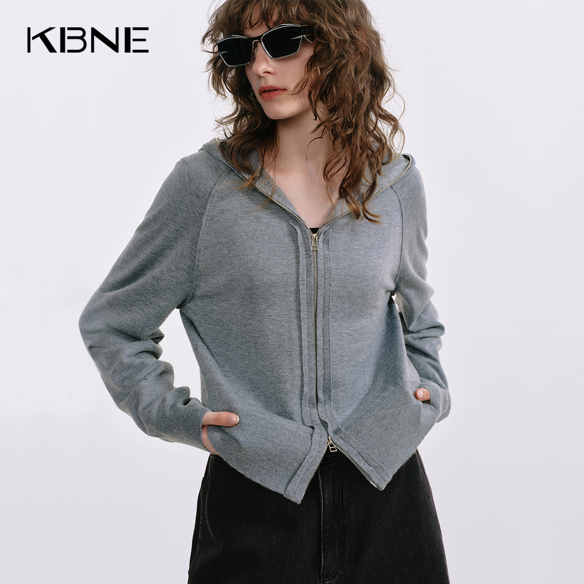 【cc家cc】格雷系连帽全羊毛灰色针织开衫女750759101