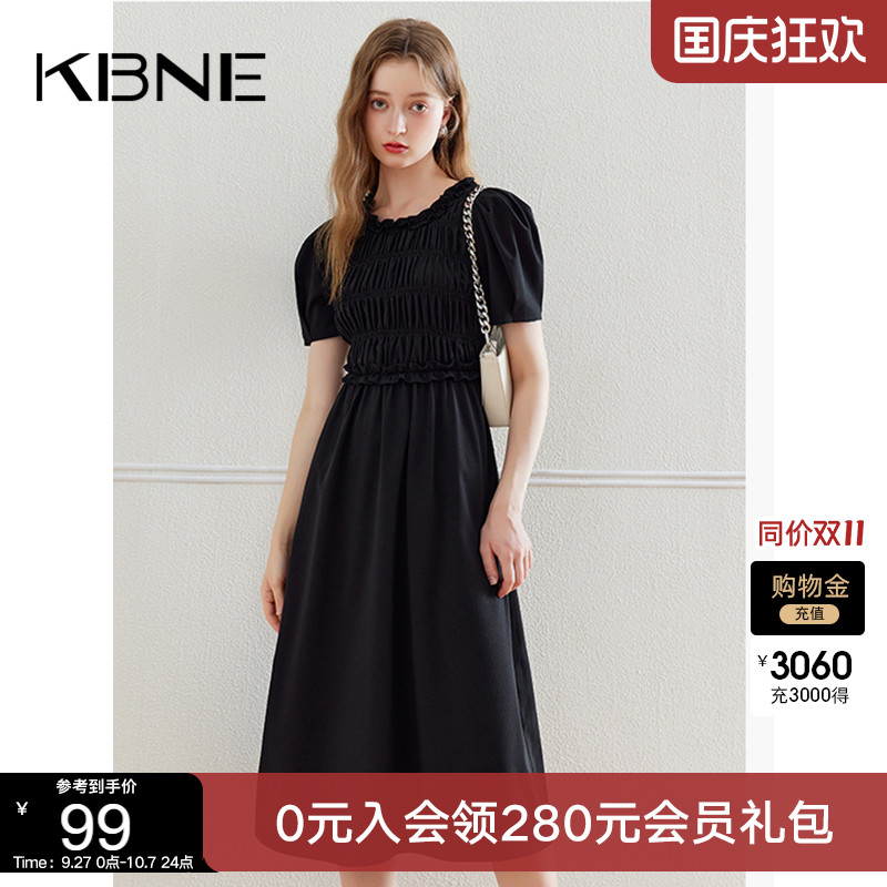 KBNE黑色连衣裙女中长款小黑裙2025夏季新款今年流行漂亮裙子长裙