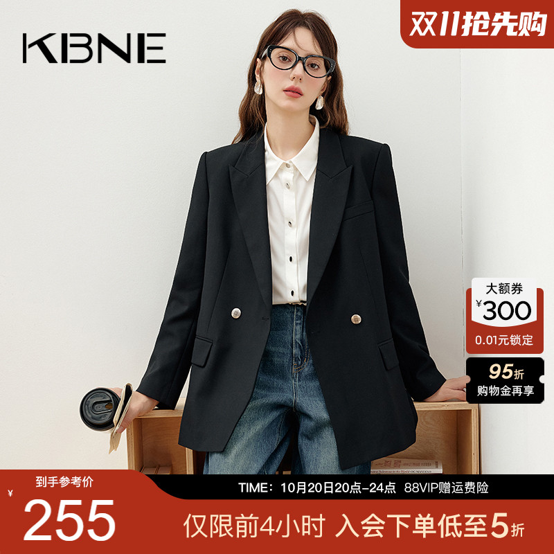 KBNE2025新款长袖双排扣黑色简约阔版宽松通勤休闲西装外套女春秋