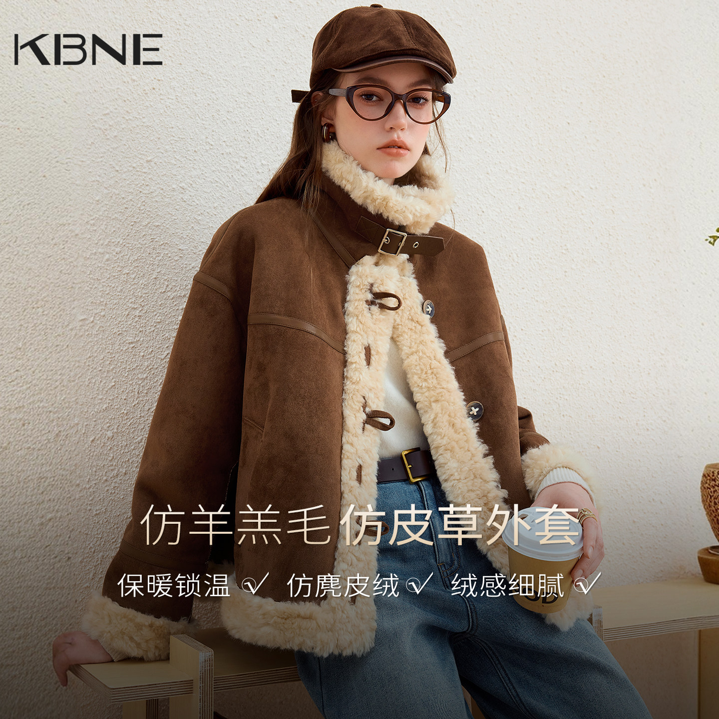KBNE仿羊羔毛翻领皮草短外套女2026年冬装新款美拉德复古皮毛一体