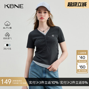 t恤女小衫 KBNE灰色短袖 新款 针织衫 独特假两件T恤撞色上衣2025夏季