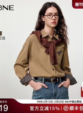 KBNE复古拼接细坑条灯芯绒衬衫女装2025冬季新款法式长袖衬衣上衣
