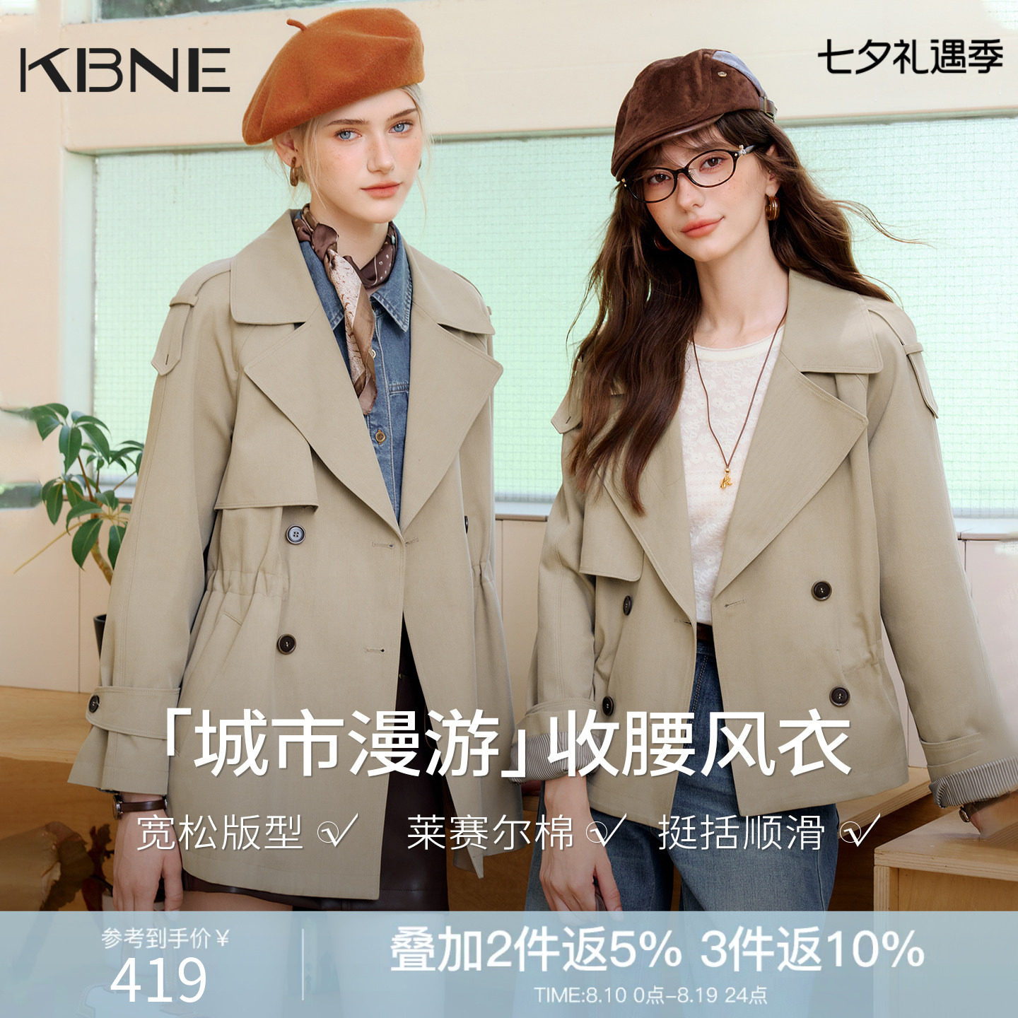 KBNE小个子宽松直筒双排扣卡其色风衣女2026秋季新款复古收腰外套