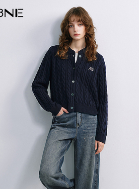 KBNE藏青色毛针织衫女2025秋季新款小刺绣麻花开衫显瘦毛衣短外套