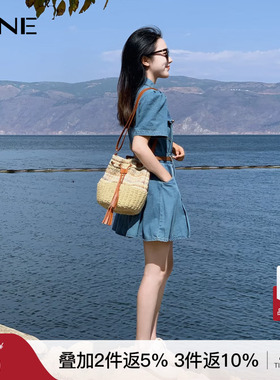 KBNE法式复古小个子牛仔连衣裙女2026夏季新款百褶裙收腰蓝色裙子