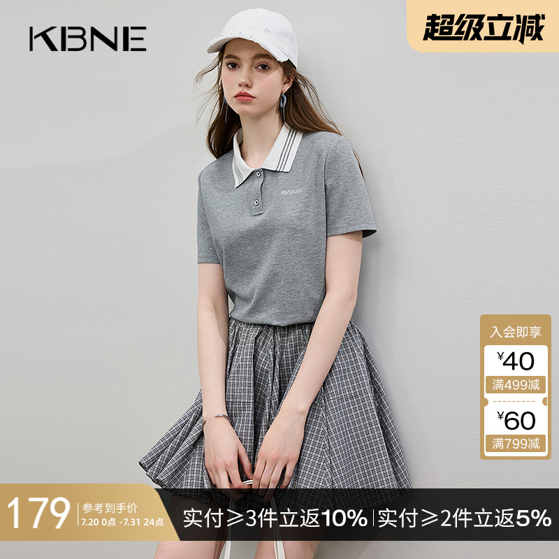 短袖T恤POLO衫女灰色新派学院风KBNE2025夏季百搭通勤短款上衣女