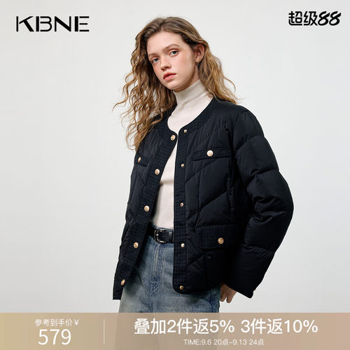 KBNE长袖短款黑色轻薄羽绒服2026冬季新款圆领防风保暖外套秋冬女