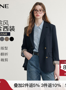 KBNE灰色西装领短外套女春秋新款小个子长袖上衣气质学院风外衣