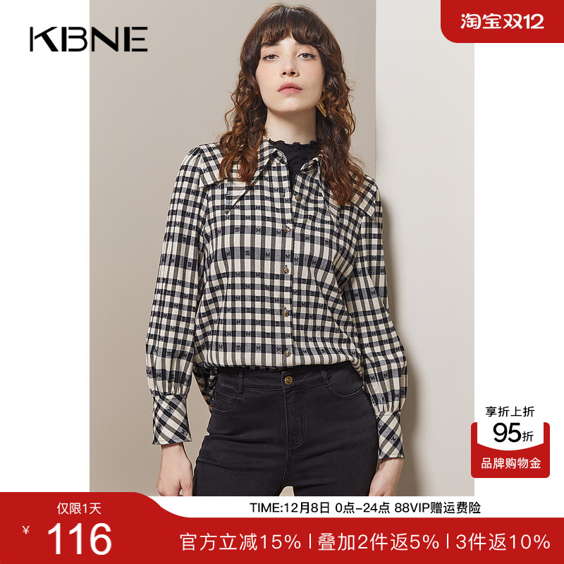 KBNE【商场同款】黑色格纹衬衫女爆款2025年秋冬新款复古潮流上衣