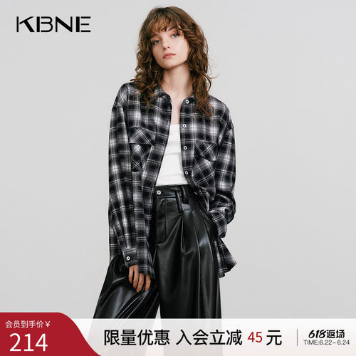 KBNE法式复古宽松磨毛格子衬衫女装2025冬季新款长袖衬衣外套上衣