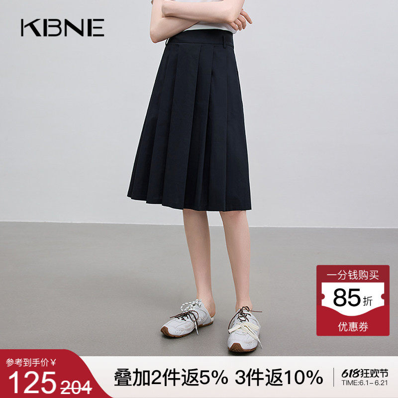 KBNE半身裙女黑色高腰百褶裙25秋季新款简约学院风拉链A字中长裙