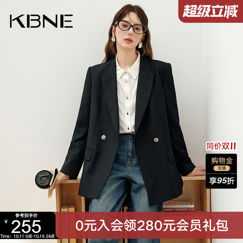 KBNE2025新款长袖双排扣黑色简约阔版宽松通勤休闲西装外套女春秋
