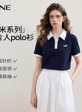 KBNE学院风双层领小狗Polo衫女2026夏季新款短袖针织衫蓝色上衣