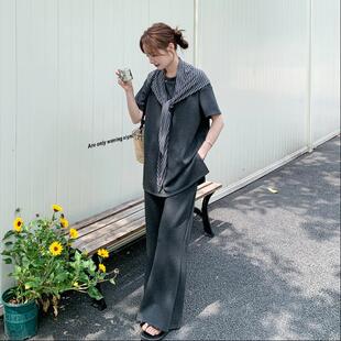 灰休闲时尚简约百搭套装女夏新款条纹裤披肩色C095-960上阔衣腿两