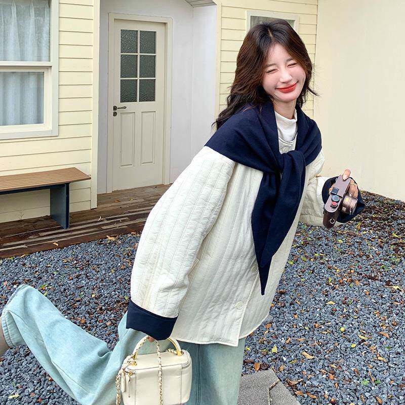 系米白色撞色披肩羽绒棉服女年C07-505冬季新款韩约简小个棉衣外