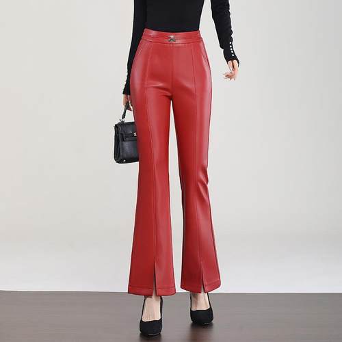 安拉红皮裤春秋季羊皮微喇叭九女分新可款绵高腰显瘦开叉E6271鱼