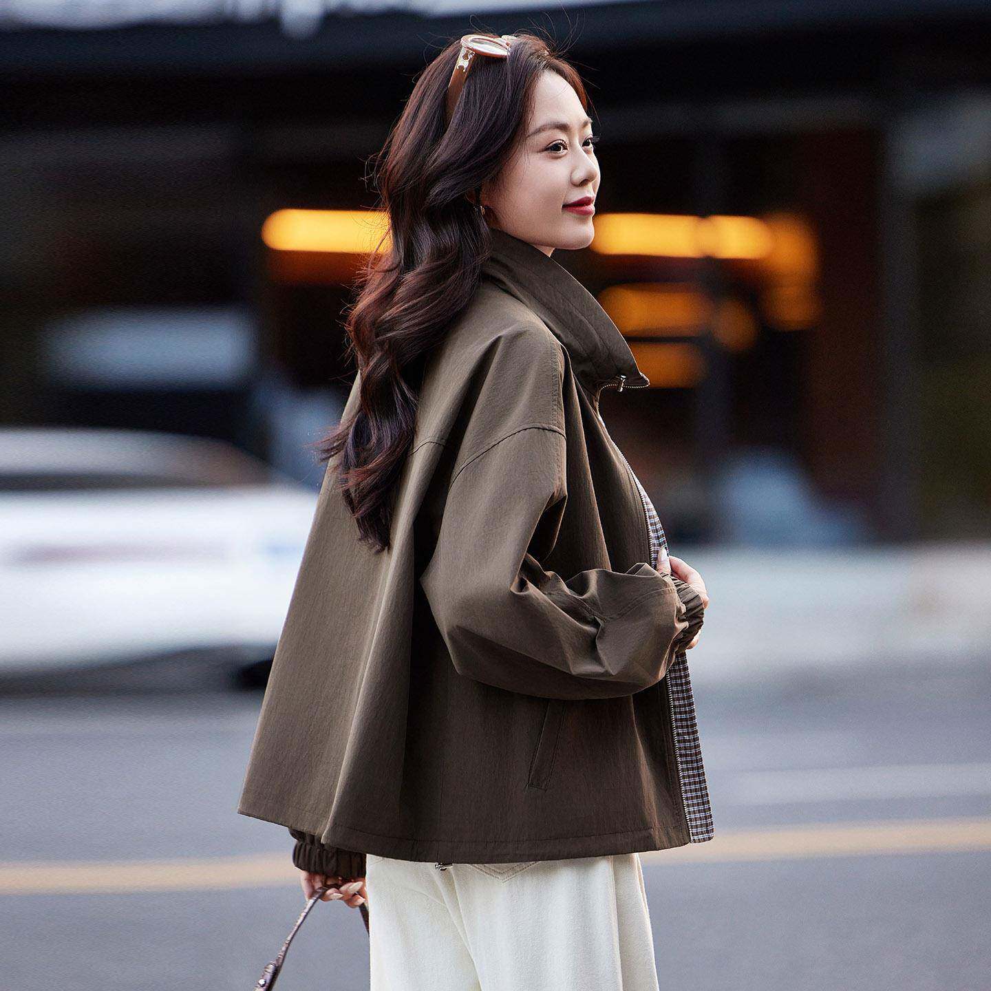 咖立领外套女春秋新款尚洋气色小个ZLIANG25时短款宽松子工装夹克