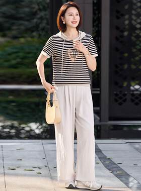 品牌女士时尚休闲套夏天丝罗纹马布条短装袖1070824宽松瘦阔显腿