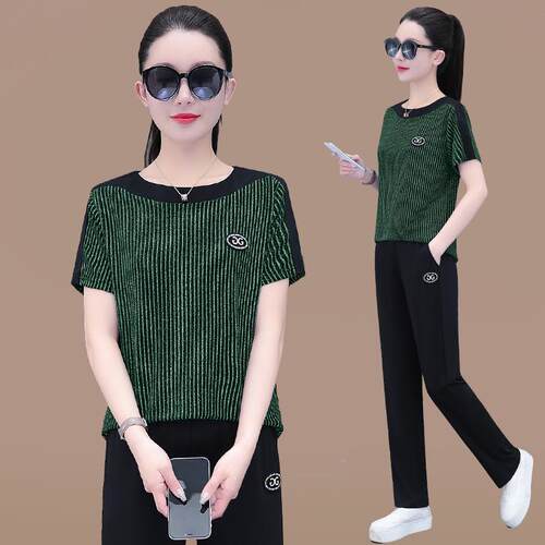 季冰中丝休闲运动77320592服套装女短袖夏圆跑步长裤年妈妈装两件