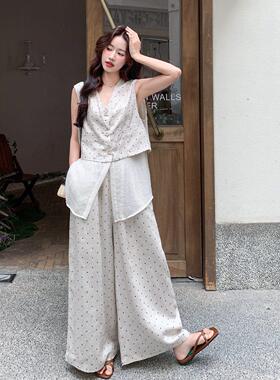 法式撞色波点网纱拼接C189-276马女日甲阔腿套装裤夏新款轻熟风两