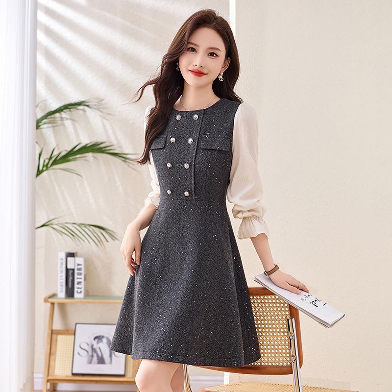 香风拼显ME5503-0瘦裙收腰圆领连小衣接裙女新款亮片中长款子