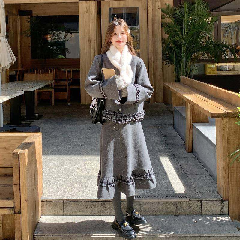 色格纹拼接小香风毛呢套装裙女秋冬新身款外套b287-506半件裙灰两