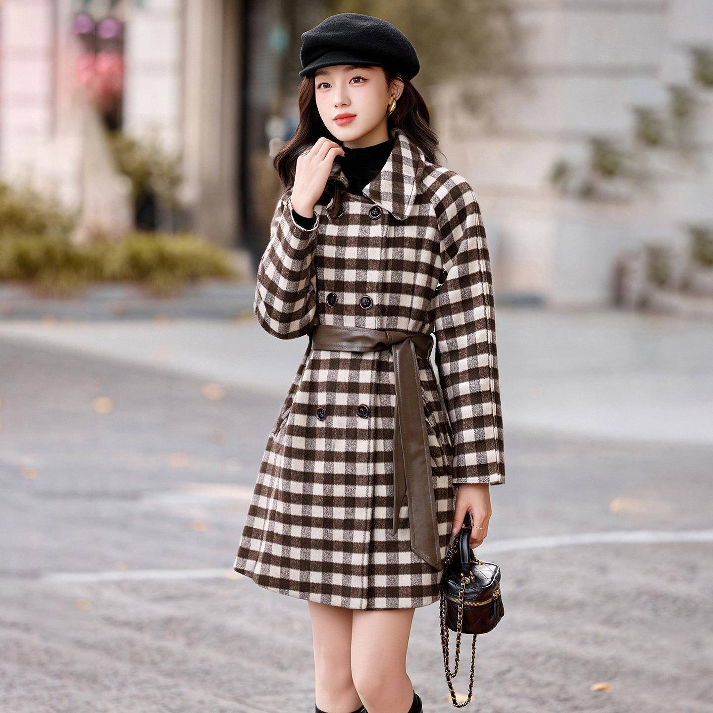 202冬季新款HM8526-1简约时尚气质保暖接双面毛呢大衣拼送腰带5顺