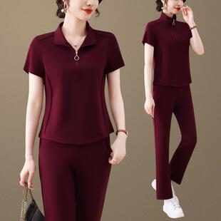 闲休运套动服装女夏季款新款直筒裤修89870098身翻短两件套