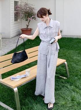 灰小众轻风不2B066-66撞套款套熟装女色新款收腰无袖衬衫阔腿裤两