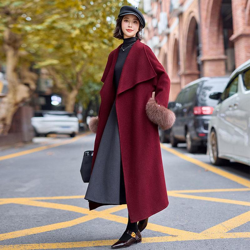 真狐毛新袖面狸口双羊绒大衣女外套秋冬ZYA6815J款高级感长款羊毛