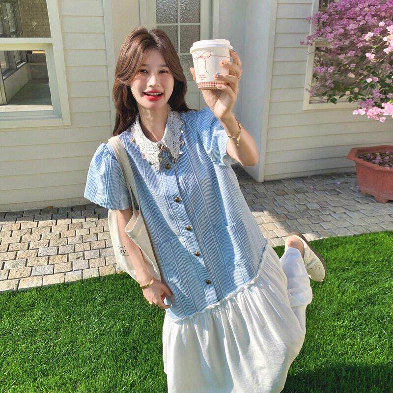 蓝色小新条纹连衣裙女款设计感钩