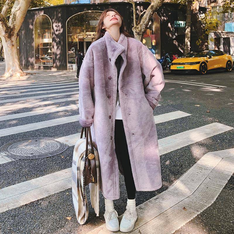 紫好色c069-16超宽看双面穿毛绒计大衣女冬设感松保暖仿皮毛一体