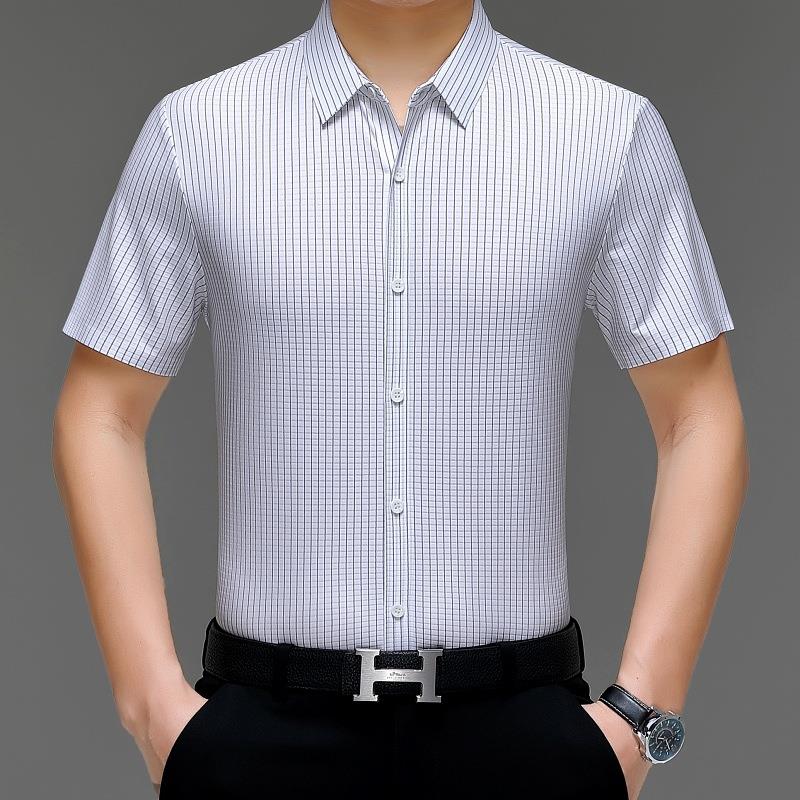 季新男款桑蚕短袖衬衫中年士爸H2-9607夏爸装格子真丝商务丝休闲