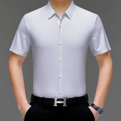 季新男款桑蚕短袖衬衫中年士爸H2-9607夏爸装格子真丝商务丝休闲
