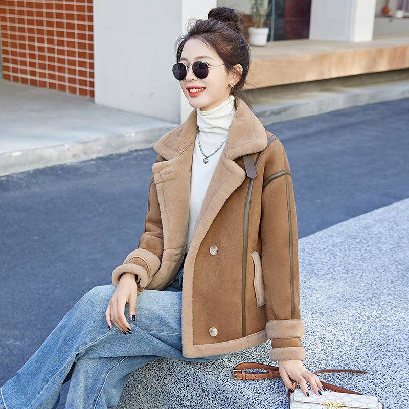 冬季皮一体厚立毛领女加宽松鹿皮绒羊羔毛式毛Z5157-10呢外套