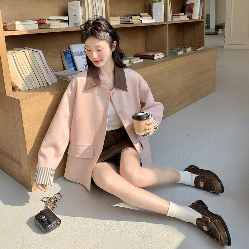 粉甜酷复古皮绒外套女春秋新色款条纹拼麂接宽松上休闲夹ZZB2718