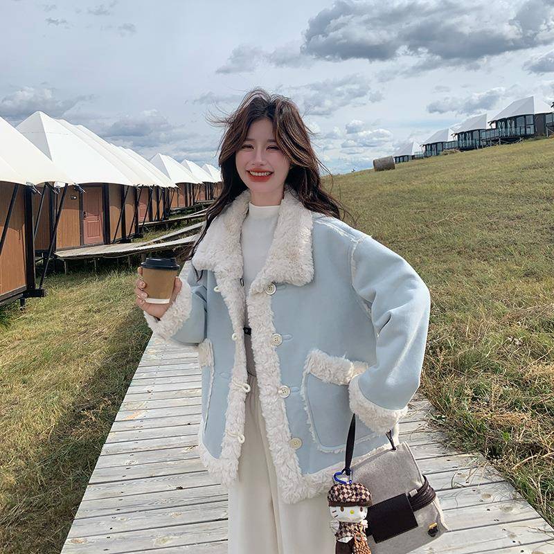 浅色时尚软乎蓝羊乎毛外套女冬季新款两面C285-261穿保暖仿羔皮毛