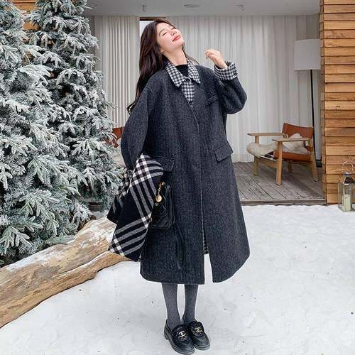 灰色c108-766轻奢风格子件拼接翻假两领双羊面呢毛大衣女秋冬新款