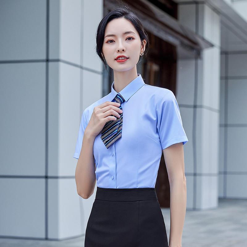 女士短袖衬衫修身白翻领807气质白衬衣夏季领业工装装职正工作服
