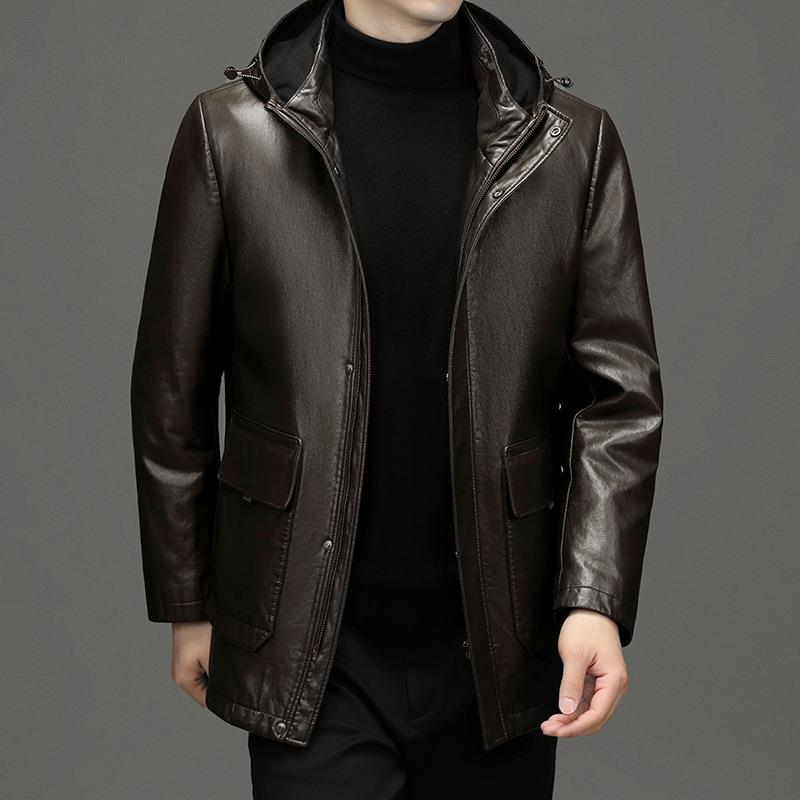 海宁羽真皮皮衣2268绒男季冬中年爸爸白鹅大绒内胆加厚皮衣中长款