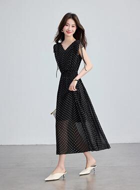 无袖领花连衣减裙女年夏ZZI5728R季长新款高腰系带字时印尚龄气质