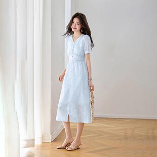 法式温柔粉色女泡袖连衣裙夏级设Z5702-04计泡感小领长众裙