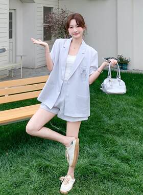 浅灰色短袖西装外套蕾套屁帘阔两腿裤装女C99-Q9春夏新丝款显瘦件