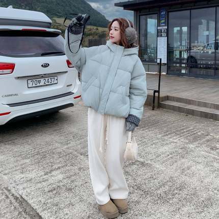 b171-XW3薄荷韩系格拼接短款连帽子绒服外羽套女冬季新款绿白鸭绒