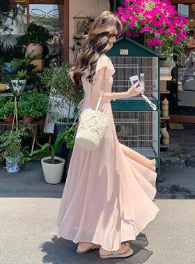 B209-269粉色显法女连衣裙夏新款气质温柔优雅显瘦收腰瘦荷式叶边