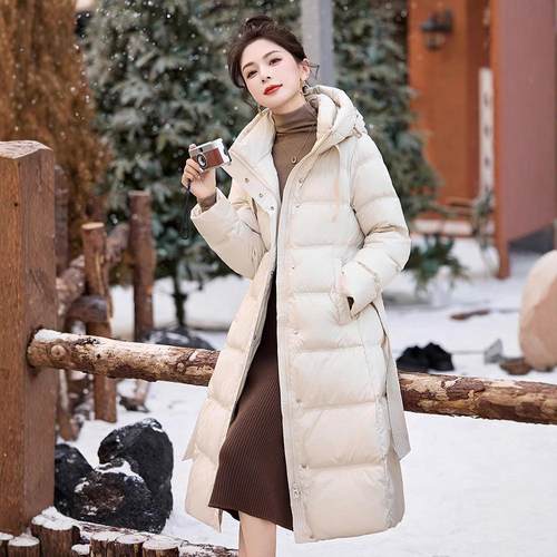 新绒服鸭女中羽长款2520过膝冬季新款收款腰气质加厚保暖白绒外套