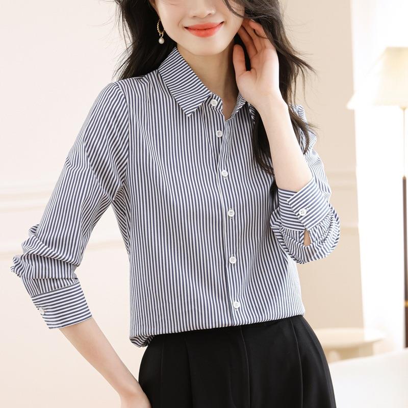 衬年春夏季新款蓝色长条纹衬衫女888181款袖职业内休闲衣搭通勤上