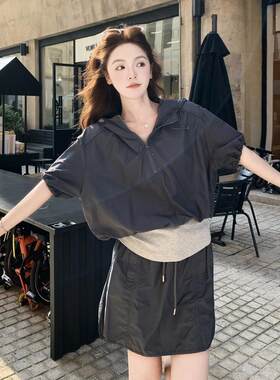 藏青色装气两质短款上衣半身套件套女夏俏皮裙减龄休闲运动D014-7